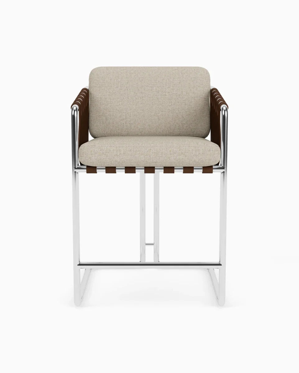 Flax Linen Seat / Chestnut Leather Sling / Polished Steel / Counter (24.5" Height)
