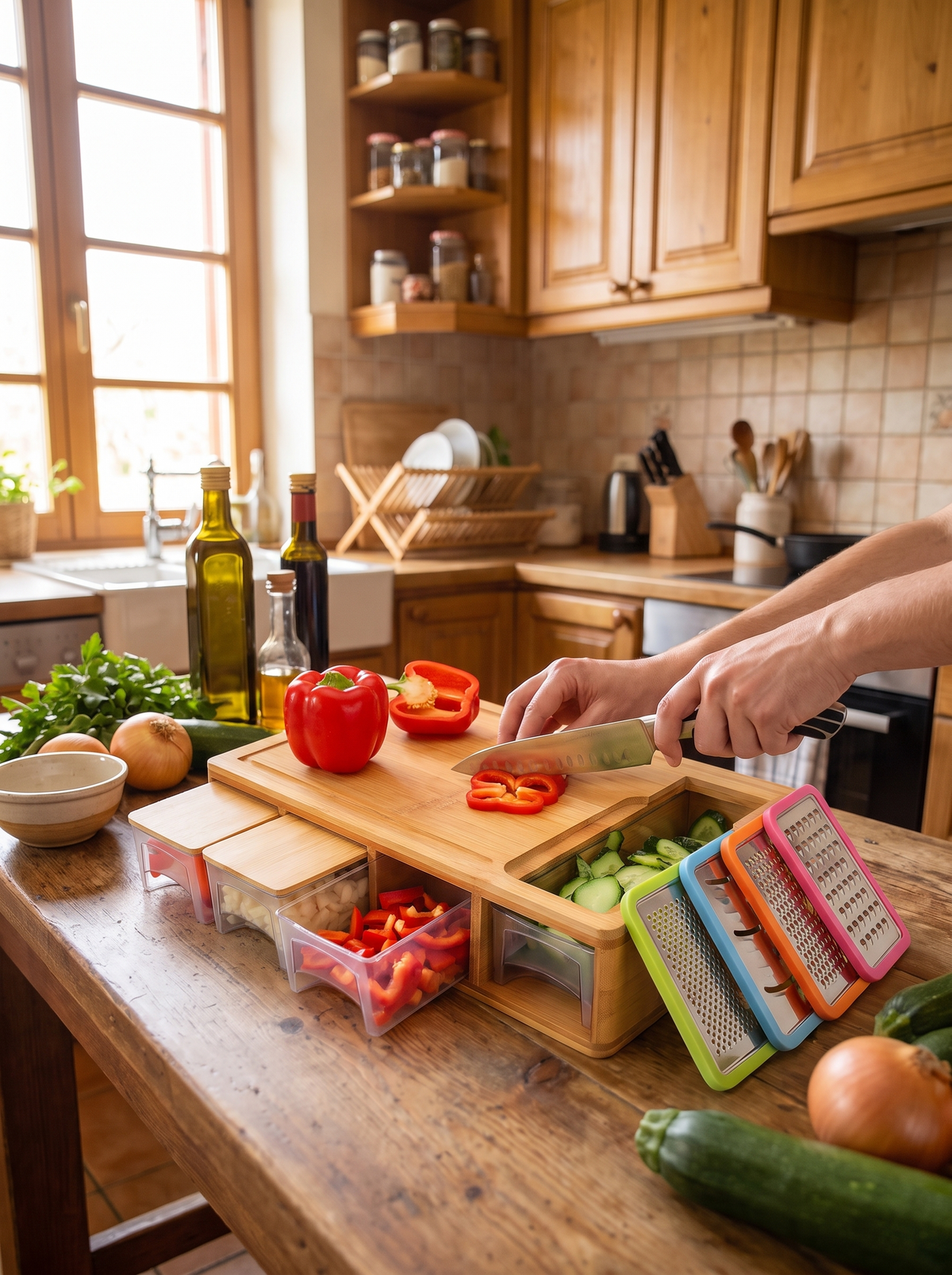 Bamboo Cutting Board with Storage Trays & Graters lifestyle 1