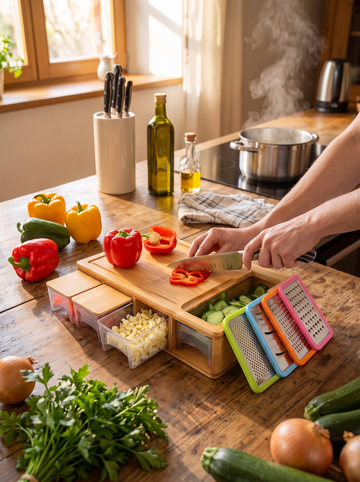 Bamboo Cutting Board with Storage Trays & Graters lifestyle 3
