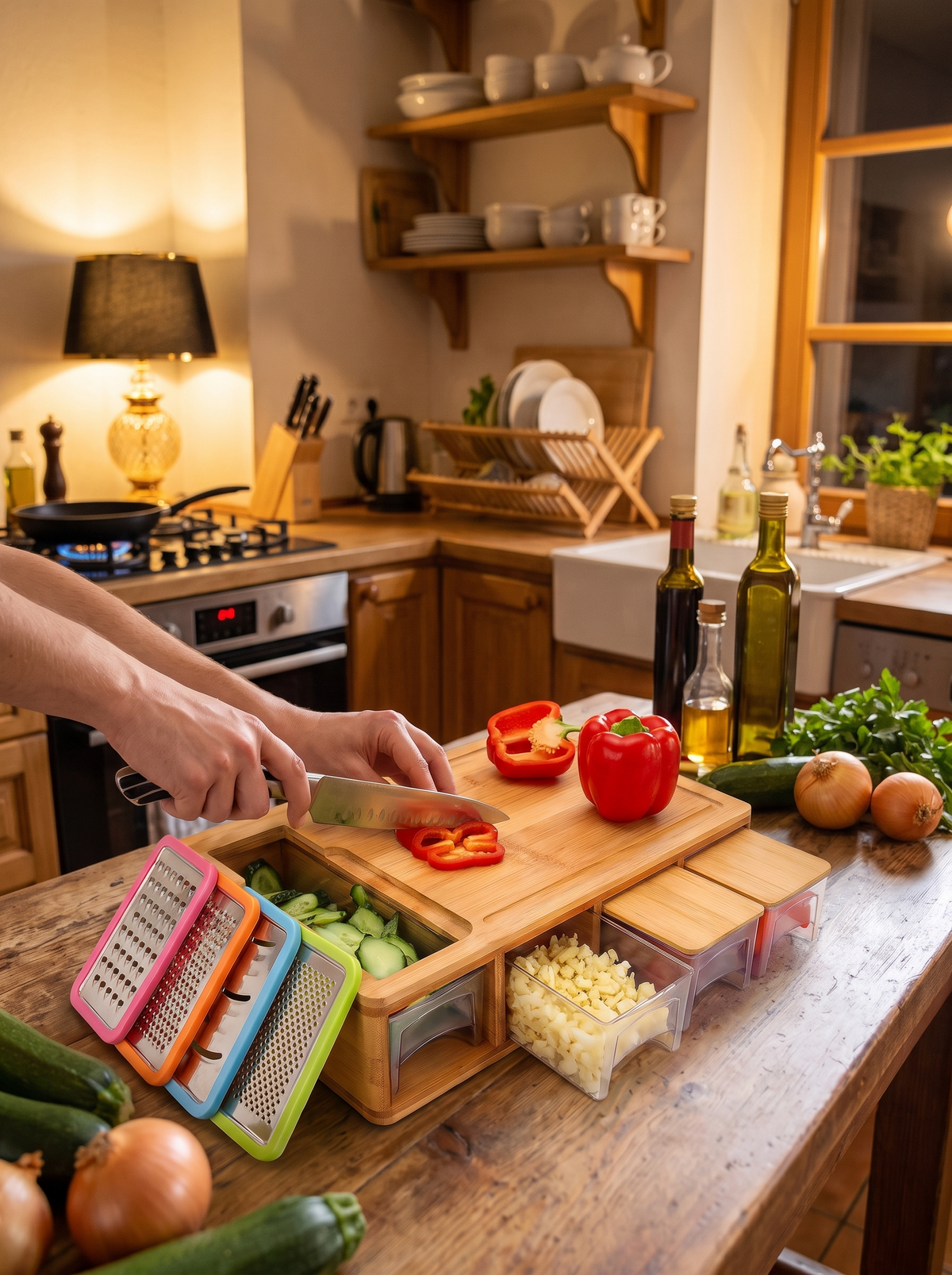 Bamboo Cutting Board with Storage Trays & Graters lifestyle 2
